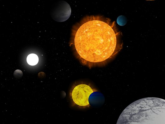Bild zeigt ein Sammelsurium von Sternen, Planeten und Monden