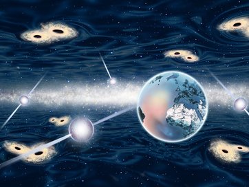 Illustration mit Pulsaren und verschmelzenden schwarzen Löchern.