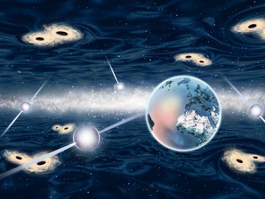 Illustration mit Pulsaren und verschmelzenden schwarzen Löchern.