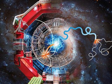 Schematische Darstellung der Antihelium-Vernichtung im Material des ALICE-Detektors am CERN sowie im Universum. 