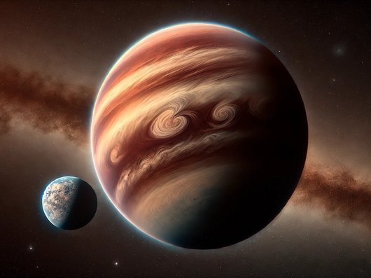 Darstellung eines freifliegenden Planeten und seines Mondes.