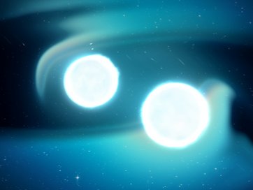 Bild zeigt zwei um sich kreisende Neutronensterne