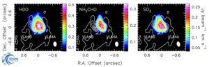 The young binary system SVS13-A observed by ALMA. The black and red stars indicate the positions of the two protostars VLA4B and VLA4A. The dust continuum emission is reported in white contours. The colour scale shows velocity-integrated emission (moment 0) of the observed HDO 2(1,1)-2(1,2) (left panel), NH$_2$CHO 12(1,12)-11(1,11) (middle panel and SO$_2$ 5(2,4)-4(1,3) (right panel) lines.